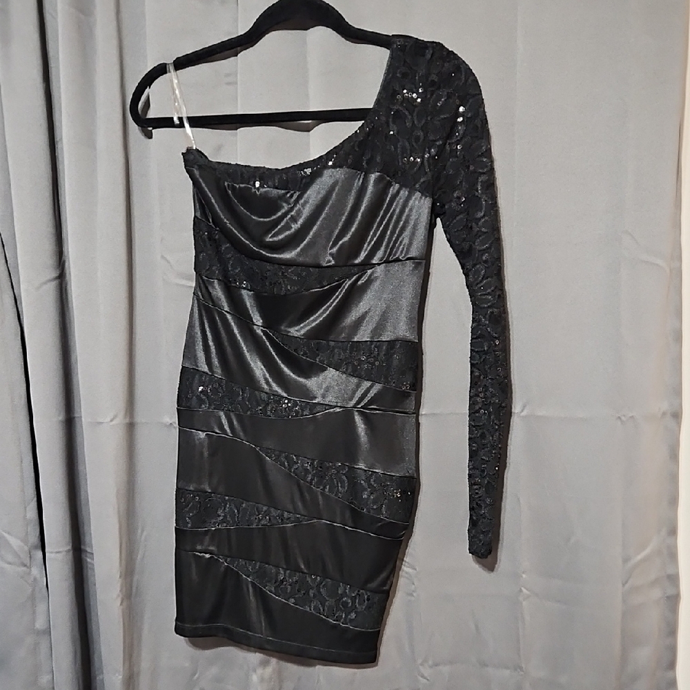 Black Satin & Lace One-Shoulder Dress